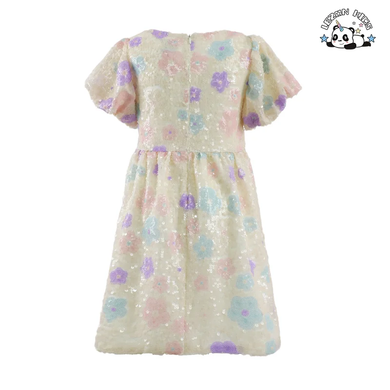 LEZONKIDS - OEM Customization Elegant Puffy Shining Sequins Tulle Girls Birthday Party Dresses for 2-14T Kids